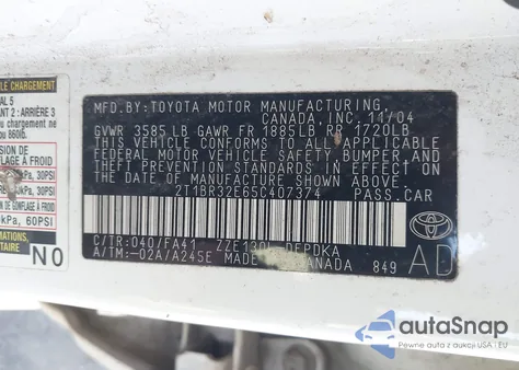 2005 Toyota Corolla Ce из США, поврежденный, VIN 2T1BR32E65C407374